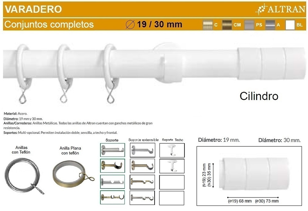 BARRA CORTINA VARADERO CILINDRO BCO de ALTRAN 