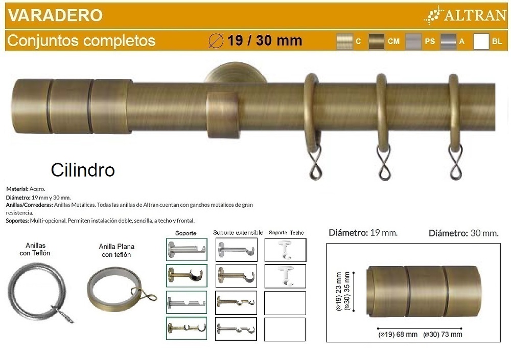 BARRA CORTINA VARADERO CILINDRO CUERO MATE de ALTRAN 