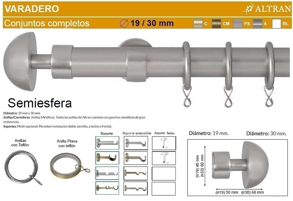 BARRA CORTINA VARADERO SEMIESFERA PLATA MATE de ALTRAN 