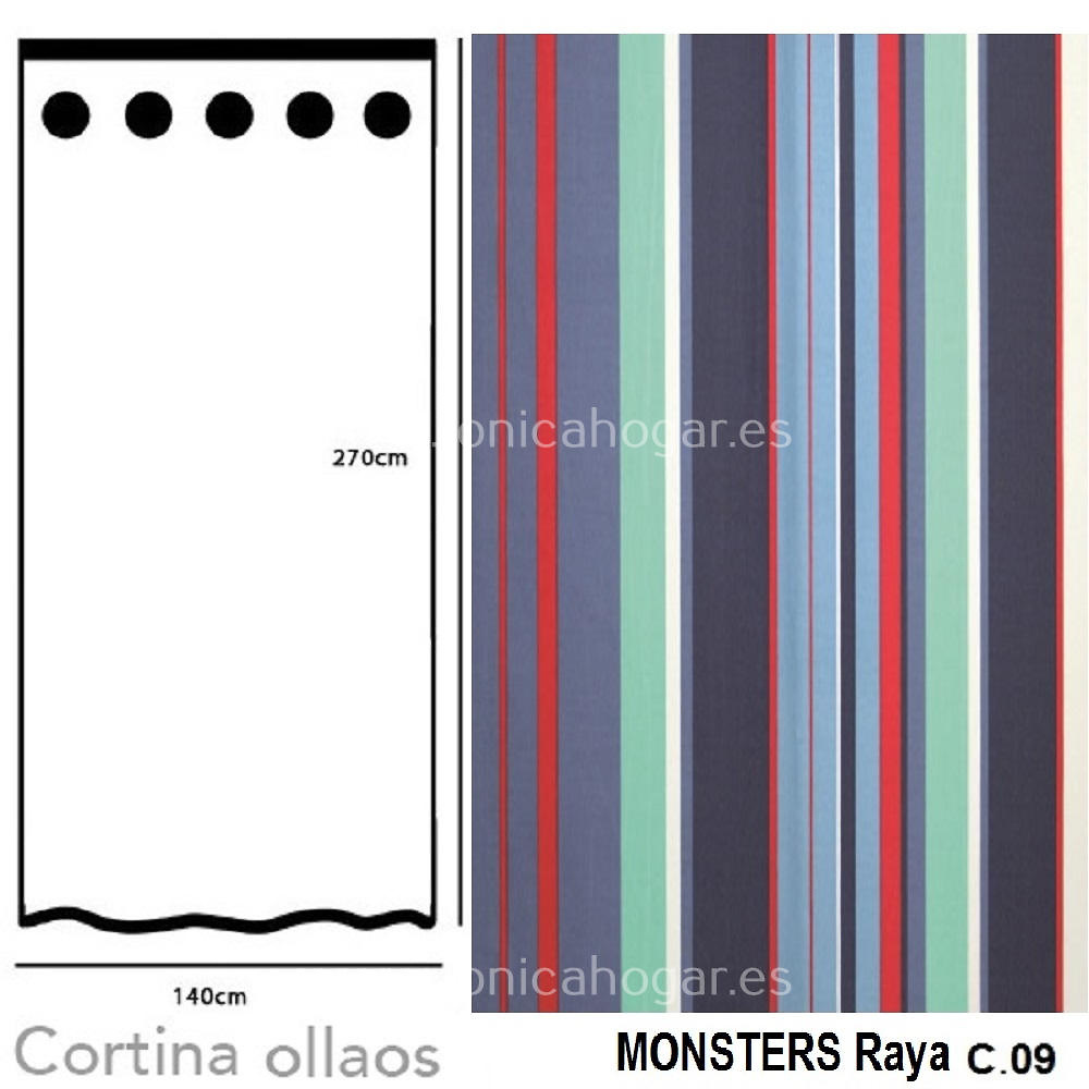 Cortina Monsters Stripe de Cañete Multicolor Cortina 140x270 Ollaos 