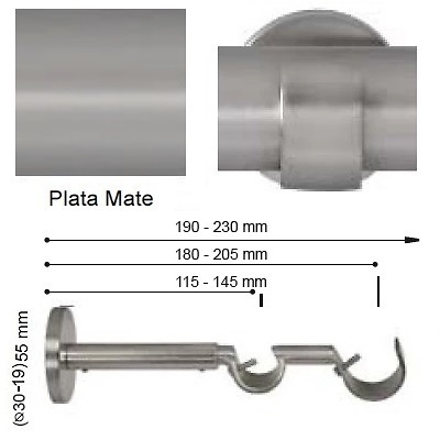 SOPORTE VARADERO EXTENSIBLE PARED DOBLE de ALTRAN Plata Mate Diámetro 30/19 mm 