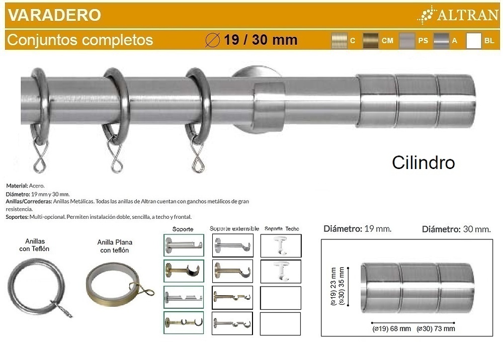 Barra doble de cortina varadero BARRAS-TAMAÑO 150CM BARRAS - ANILLAS SIN  ANILLAS ACERO BARRAS - TERMINALES TAPON A.6119A BARRAS - SOPORTES  EXTENSIBLE 19/19 A.4015A