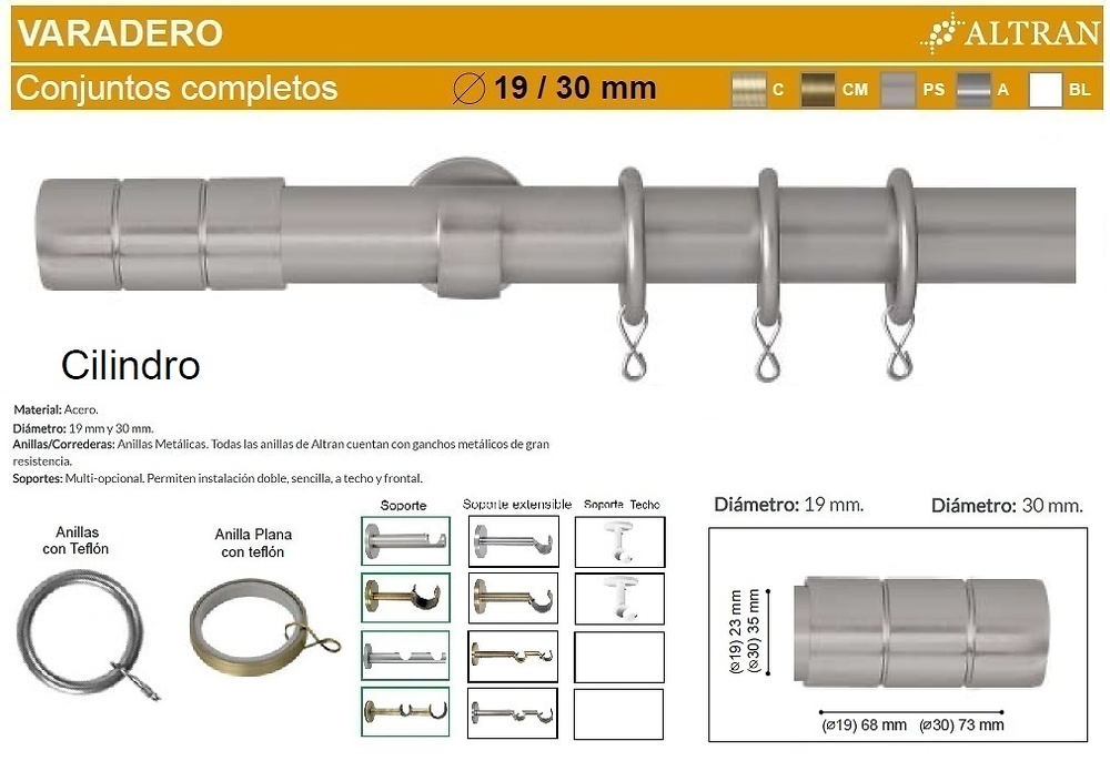 BARRA CORTINA VARADERO CILINDRO PLATA MATE de ALTRAN 