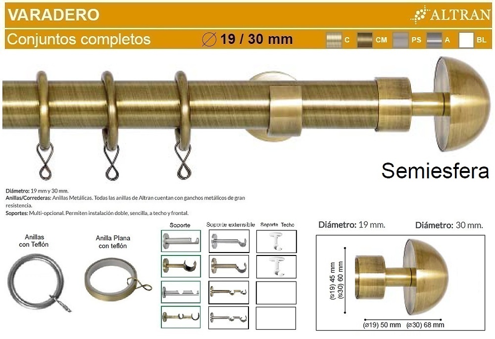 BARRA CORTINA VARADERO SEMIESFERA CUERO de ALTRAN 