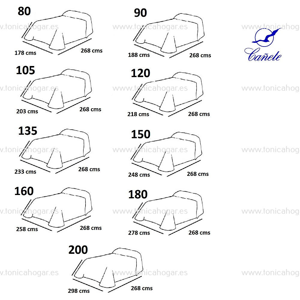 Medidas disponibles Colcha Vento Blanco de Cañete 090, 105, 120, 135, 150, 160, 180, 200 