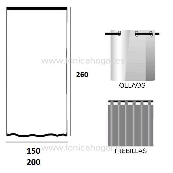 Medidas disponibles Cortina Confeccionada Armonia de Confecciones Paula 150x260, 200x260 