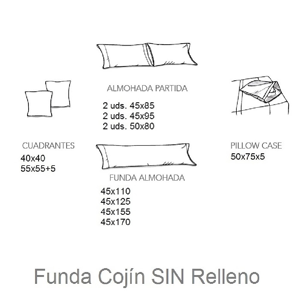 Medidas disponibles Funda Almohada Telia Blanco de Estela 45x110, 45x125, 45x155, 45x170, 45x80 (2 ud), 45x90 (2 ud), 50x80 (2 ud) 